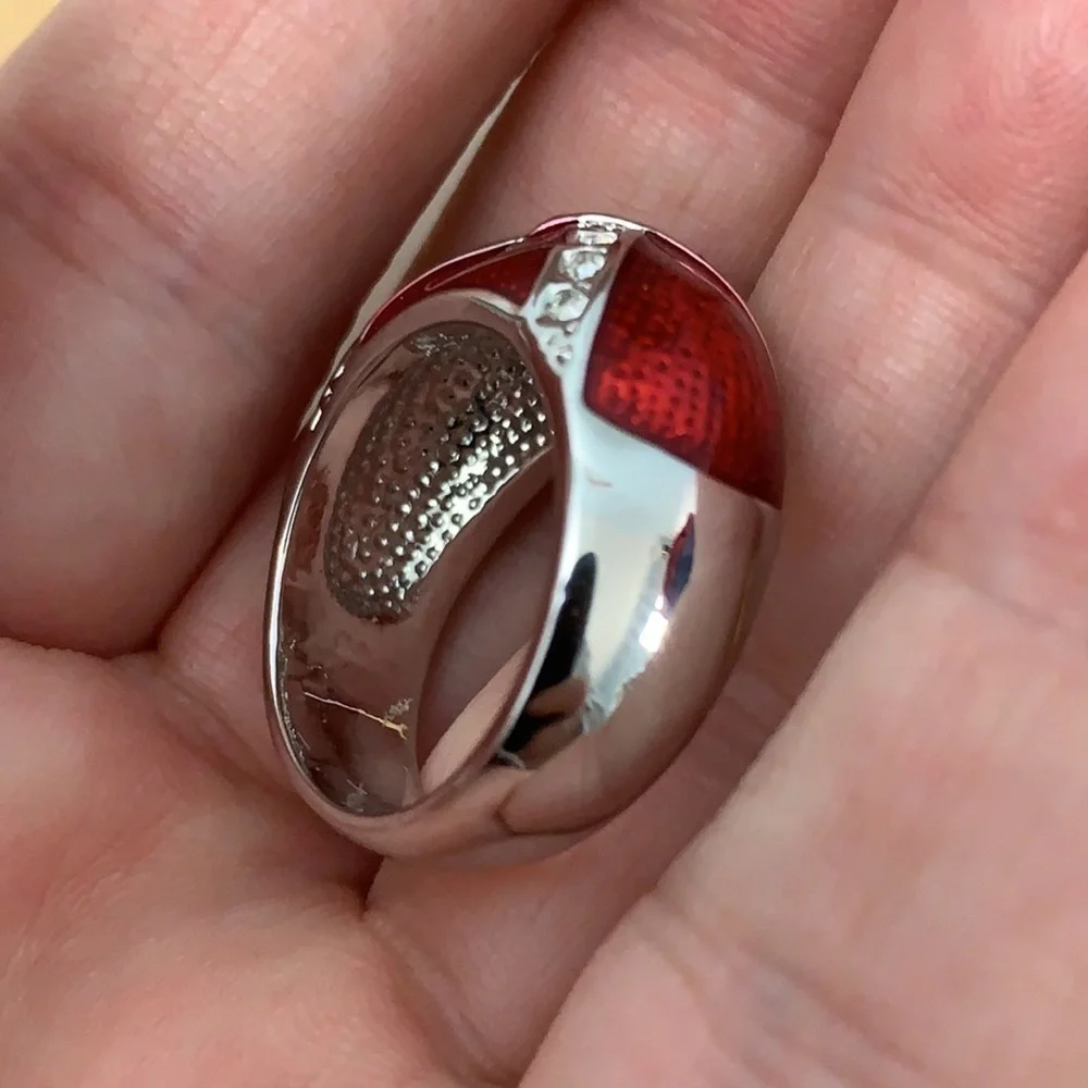 Tara Vanessa | Silver Tone Painted Red Enamel CZ Fashion Dome Ring NIB
